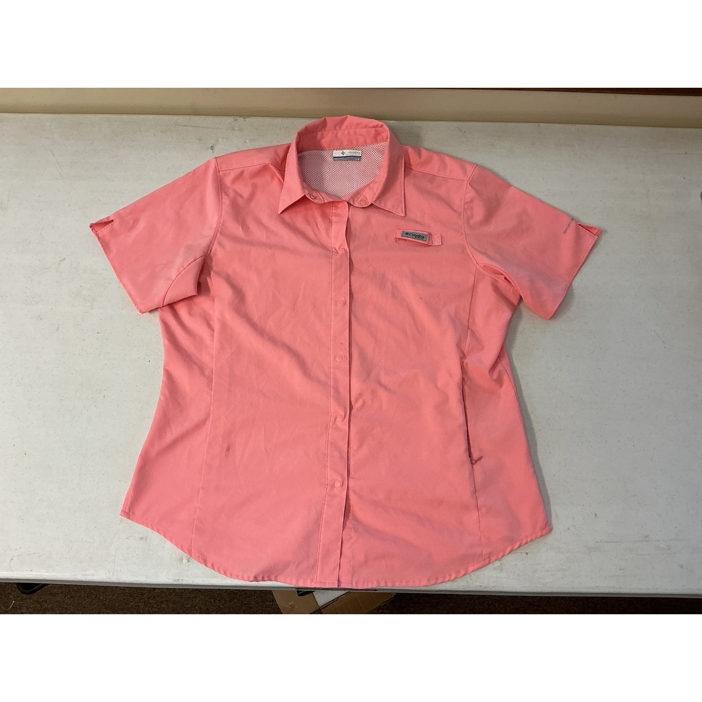 Columbia PFG Tamiami II Fishing Shirt Womens Large Coral Pink Short Sleeve UPF40